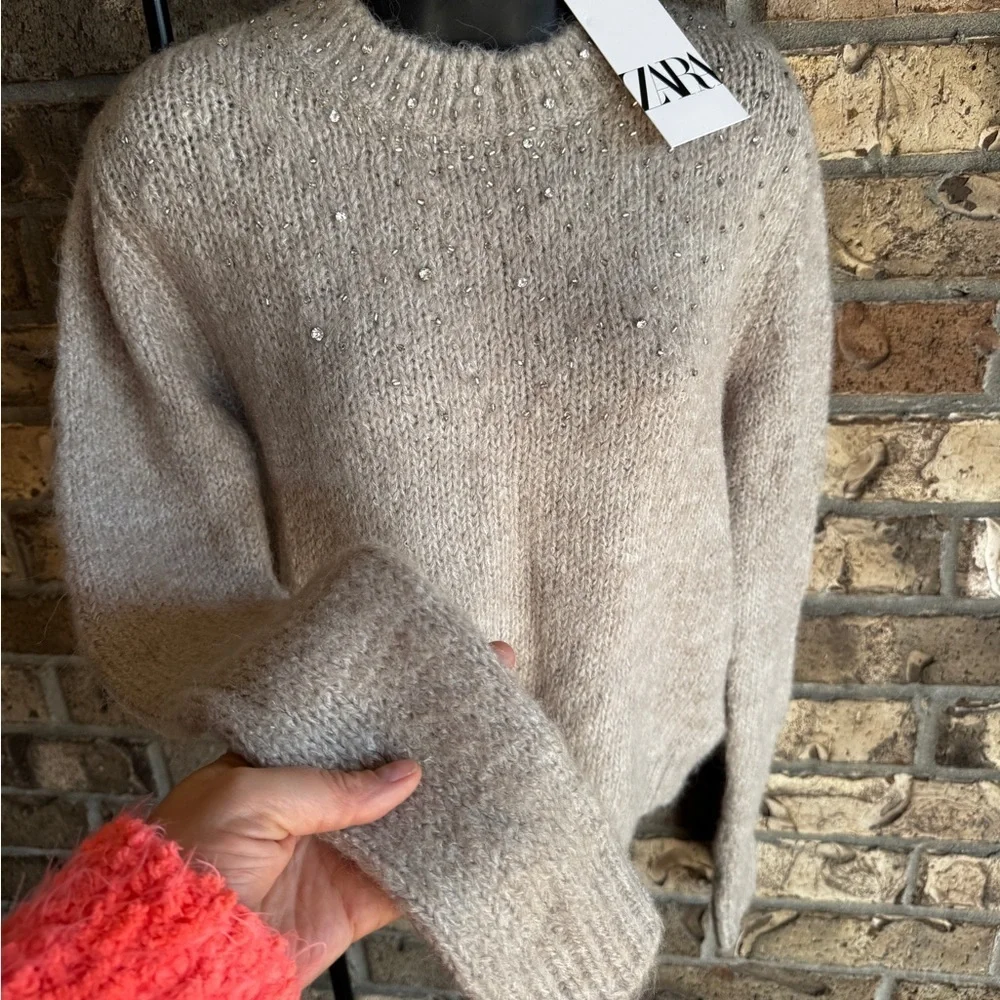 ZARA Beige Gray Rhinestone Knit Sweater Size S Wool Blend NWT